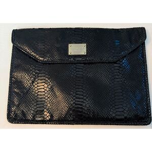 Michael Kors Black Snake-Embossed Envelope Clutch Gold Hardware Large